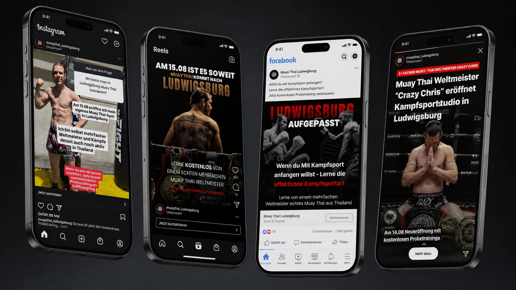 Social-Media-Werbeanzeigen auf vier Smartphones